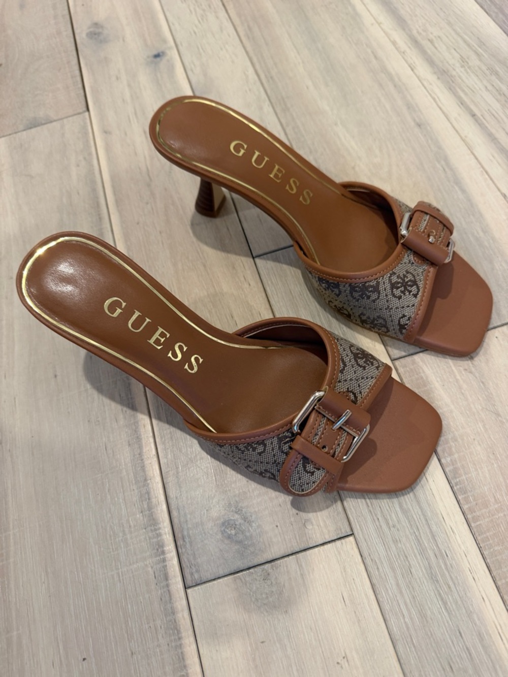 GUESS Brown Tan Logo Buckle Heeled Mules